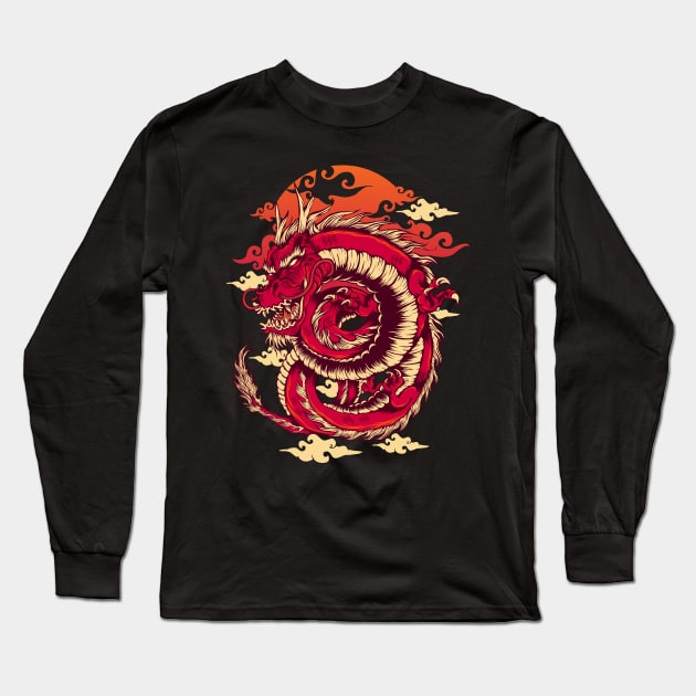 Red Japanese Dragon mythical creature culture history Long Sleeve T-Shirt by SpaceWiz95